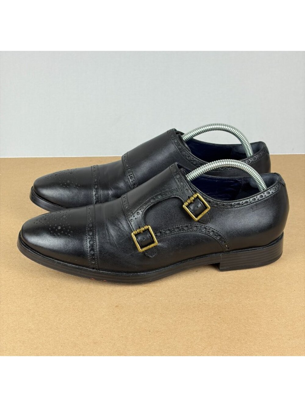 Cole Haan Jefferson Grand Double Monk Strap Shoes Mens 10 Black Leather Cap Toe